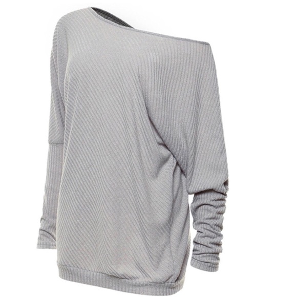 ✨RESTOCKED!! Gray Off The Shoulder Ribbed Top✨ - Picture 2 of 5